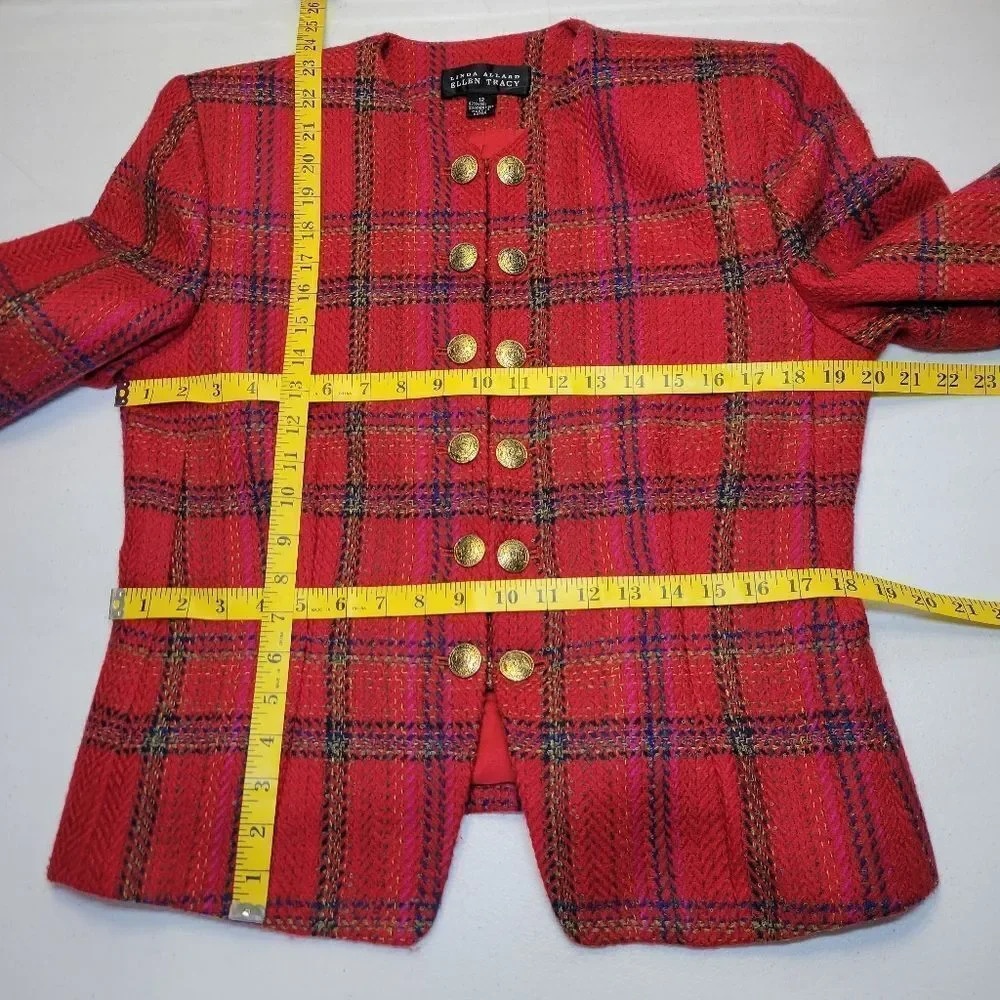 Ellen Tracy Red Plaid Blazer Double Breasted Gold Buttons Skirt Suit Set Tweed